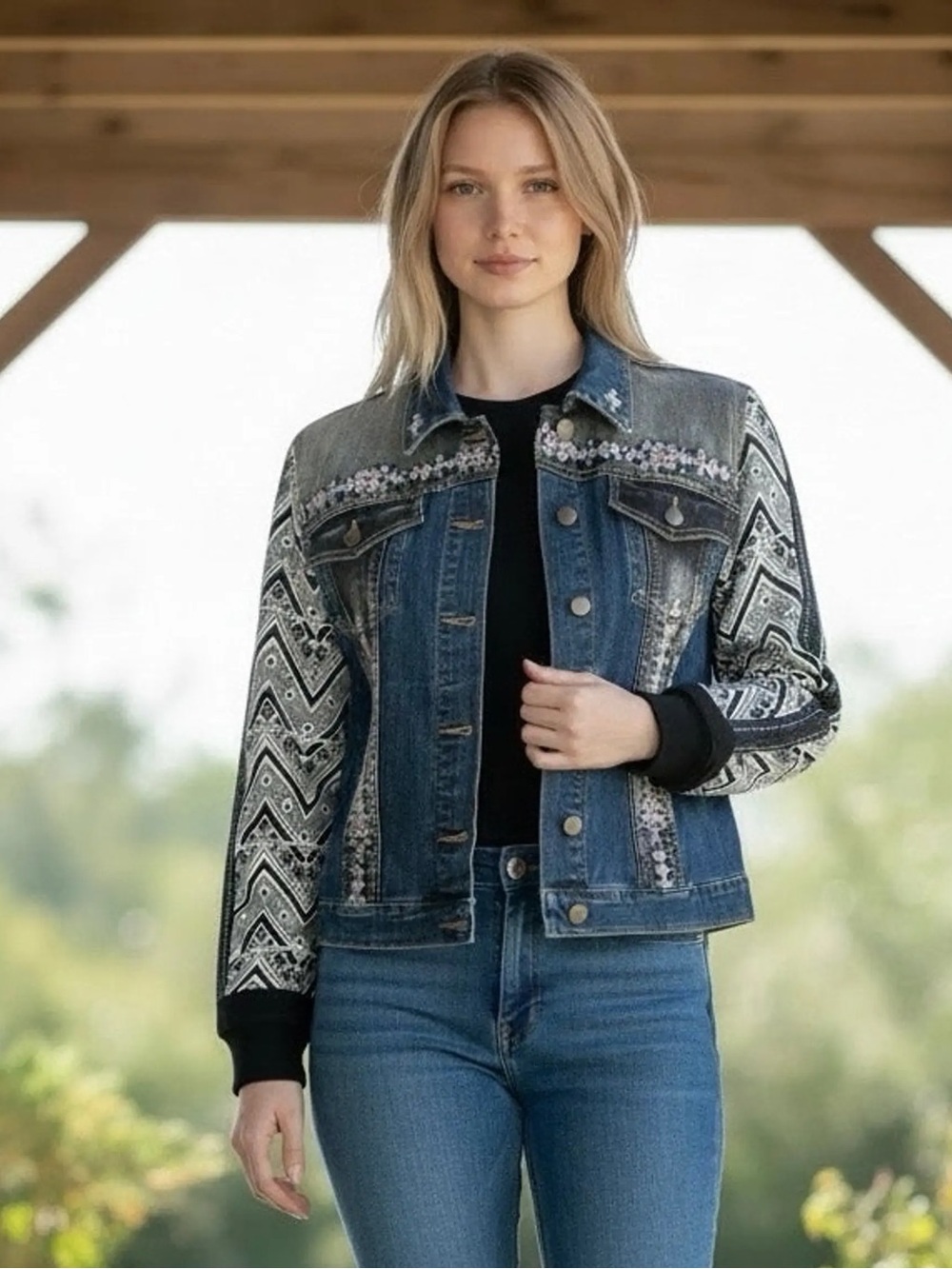 Reba Blue Denim Jacket with Black-and-White Sweater Sleeves